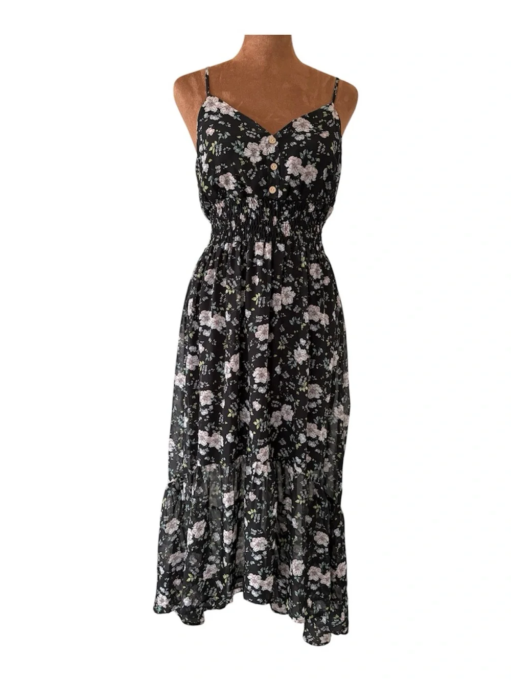 Sweet Storm Black Floral High-Low Tiered Boho Flowy Midi / Maxi Dress Medium - Picture 1 of 8
